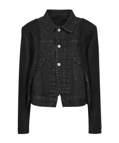 Sacai Stitched Denim Coat In Black