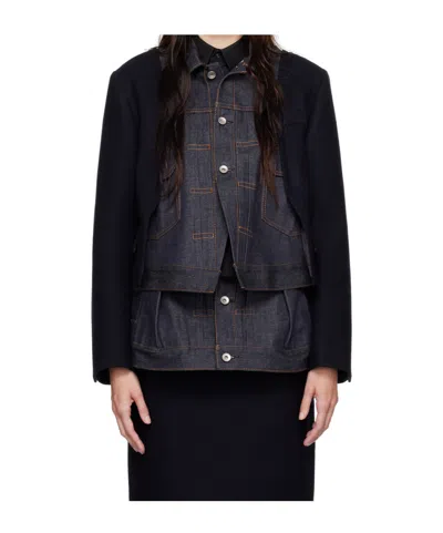 Sacai Stitched Denim Coat In Black
