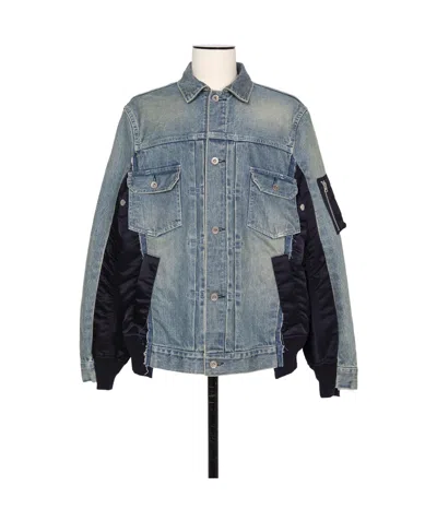 Sacai Stitched Denim Coat In Gray