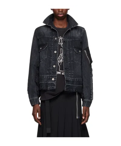 Sacai Stitched Lapel Denim Coat In 001 Black