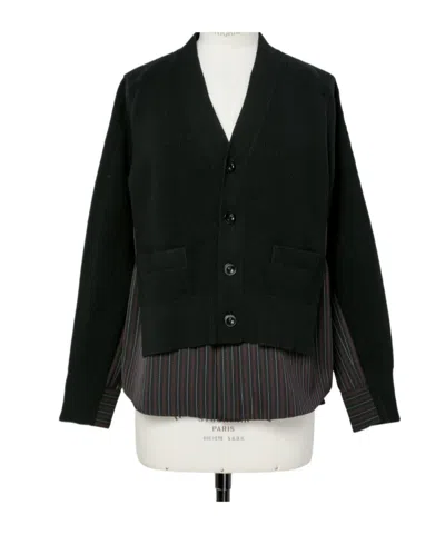 Sacai Stripe Doeskin X Wool Knit Cardigan In Black