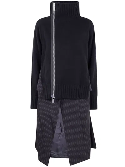 Sacai Stripe Doeskin X Wool Knit Coat Dress In Blue