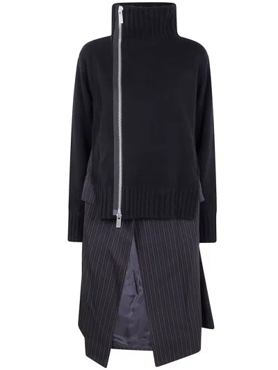 Sacai Stripe Doeskin X Wool Knit Coat Dress In Black