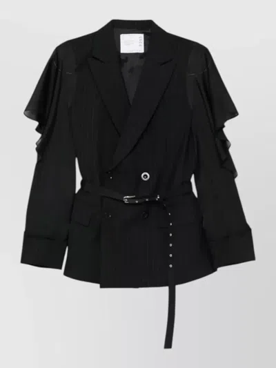 Sacai Stripe Jacket Belted Waist Notched Lapels Sheer Sleeves In Black