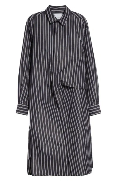 Sacai Stripe Long Sleeve Poplin Shirtdress In Black