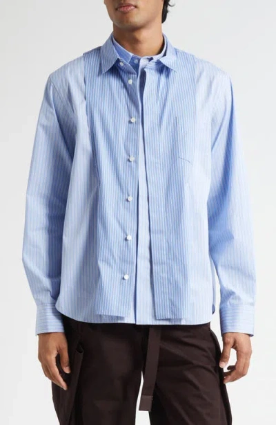 Sacai Stripe Overlay Cotton Poplin Button-up Shirt In Blue