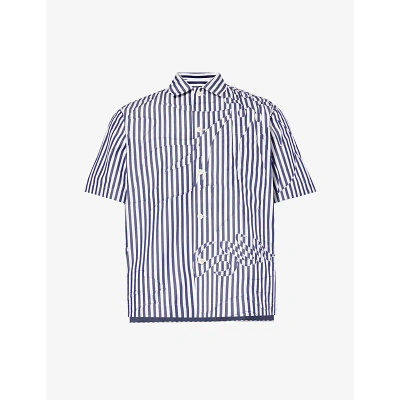 Sacai Mens Navy Stripe Stripe-pattern Steeped-hem Boxy-fit Cotton-blend Shirt