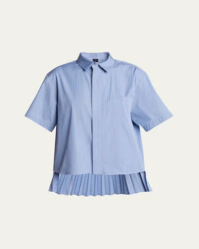 Sacai Stripe Pleated Button Down Blouse In Blue Stripe