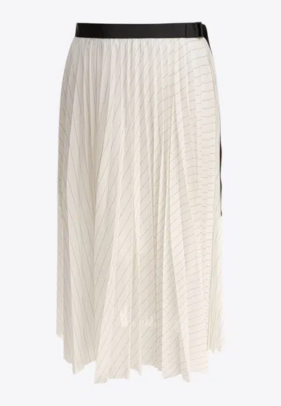 SACAI STRIPE PLEATED MIDI SKIRT WITH BELT