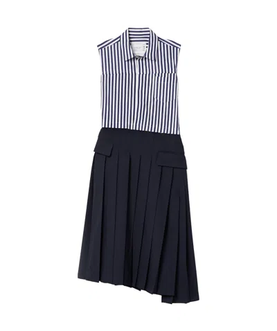 Sacai Striped Asymmetrical Dress In Black
