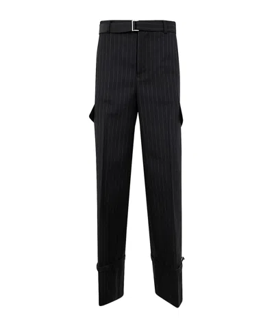 Sacai Striped Belted Pants In Black