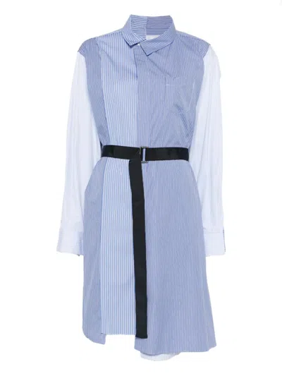 Sacai Striped Belted Shirt Dress In Blue