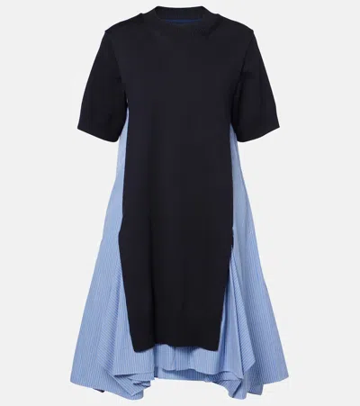 Sacai Striped Cotton-blend Poplin Midi Dress In Navy Blue Stripe