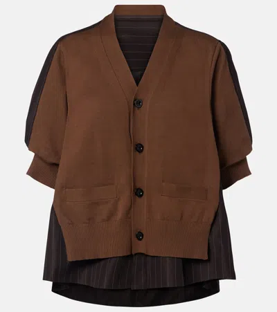 Sacai Striped Cotton Cardigan In Brown