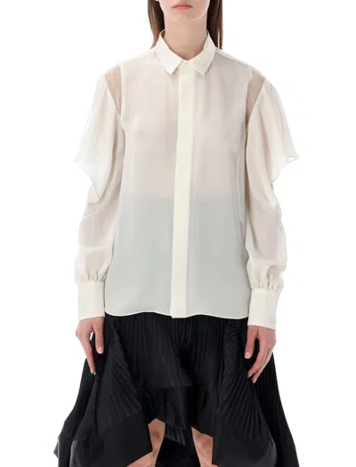 Sacai Striped Cotton Half-zip Polo Shirt In Beige