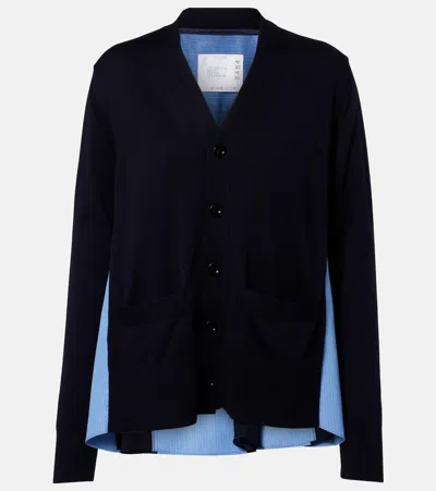 Sacai Striped Cotton Poplin Cardigan In Blue