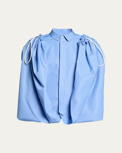 Sacai Striped Cotton Poplin Drawstring Cape Shirt In Blue