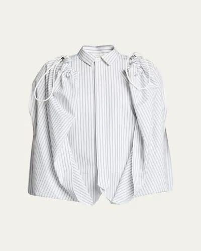 Sacai Striped Cotton Poplin Drawstring Cape Shirt In White