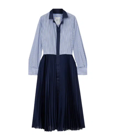 Sacai Striped Cotton-poplin And Pleated Satin Midi Dress In Blue