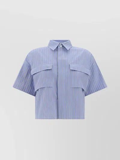 Sacai Striped Double Layer Cropped Shirt In Blue