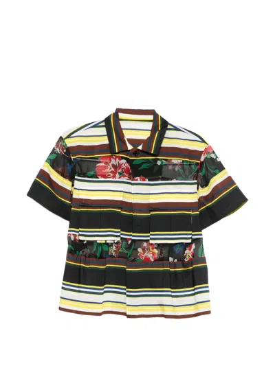 Sacai Striped Floral-print Blouse In Black