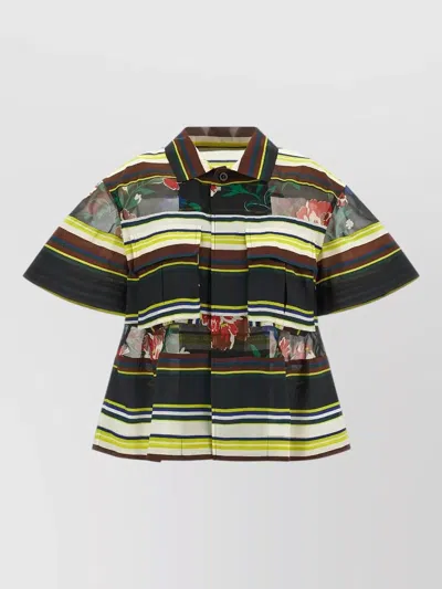 Sacai Striped Floral-print Short-sleeve Blouse In Multi