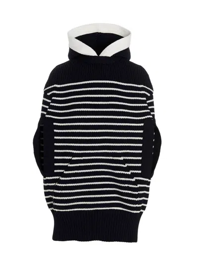 Sacai Striped Knitted Hoodie In Blue