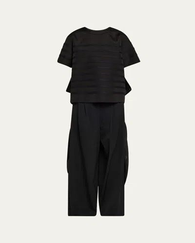 Sacai Striped Open-back Organza Ruffle Top In Black X Navy