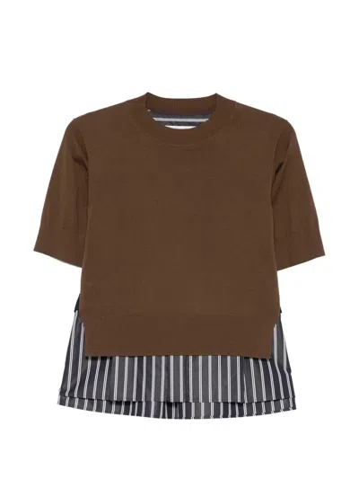Sacai Striped-panel T-shirt In Brown