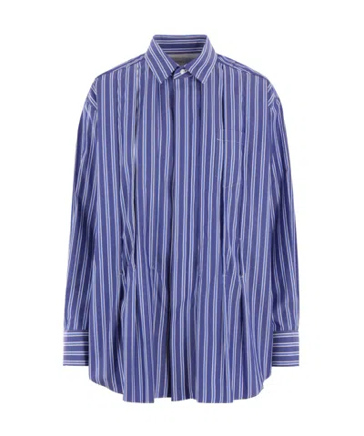 Sacai Striped Pleat-detail Shirt In Blue