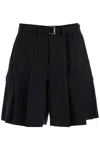 Sacai Chalk Stripe Wool Bermuda Shorts With Belt And Pleats In Black