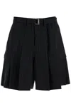 Sacai Chalk Stripe Wool Bermuda Shorts With Belt And Pleats In Black (black)