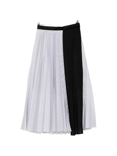 Sacai Striped Pleated Midi Skirt In Black