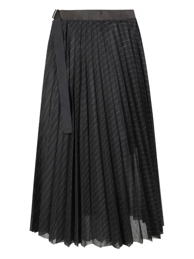 Sacai Pinstripe Pleated Midi Skirt In Black Stripe