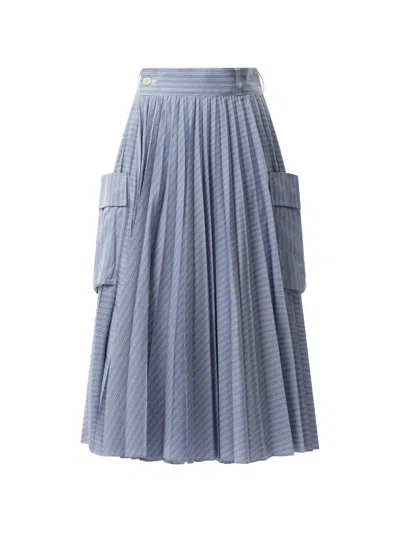 Sacai Striped Pleated Skirt In Blue