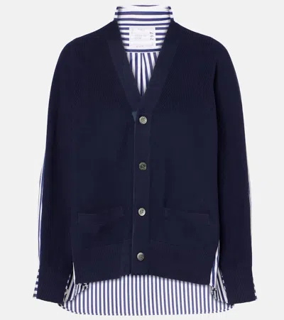 Sacai Striped Poplin-trimmed Cotton Cardigan In Blue