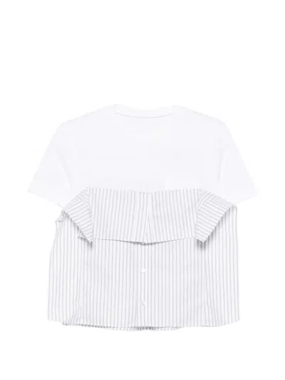 Sacai Striped Ruffled-detail T-shirt In White