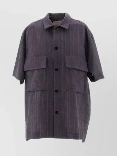 Sacai Striped Shirt With Chest Pockets And Short Sleeves In Gray