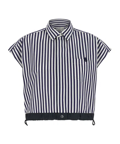 Sacai Striped Short Sleeve Shirt In Black