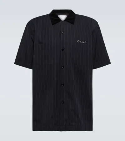 Sacai Striped Twill Bowling Shirt In Navy