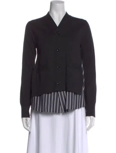 Pre-owned Sacai Striped V-neck Button-up Top In Black