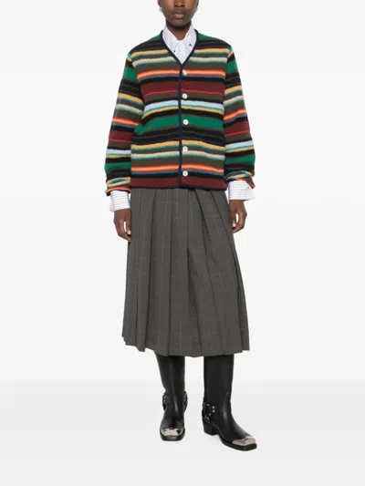 Sacai Striped V-neck Cardigan In Green
