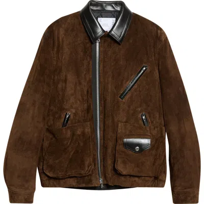 Sacai Suede Bomber Jacket In Brown