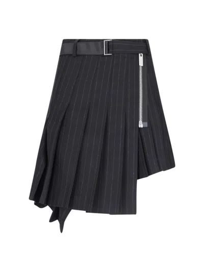 Sacai Pleated Pinstripe Wool Mini In Black
