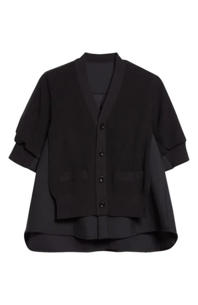 Sacai Suiting Mixed Media Cardigan In Black