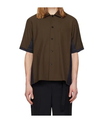 Sacai Suiting Wool Blend Short-sleeve Denim Shirt In Green