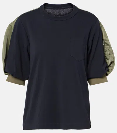 Sacai Twill-trimmed Cotton Jersey T-shirt In Navyxkhaki