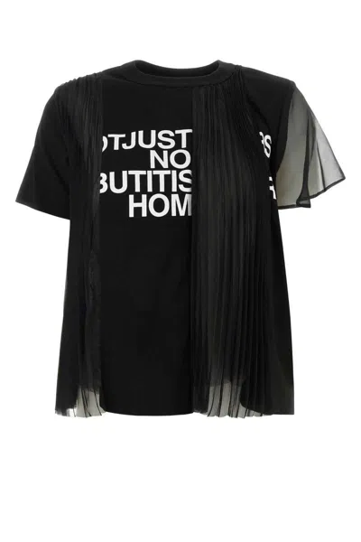 Sacai Text-print Sheer-panel T-shirt In Black