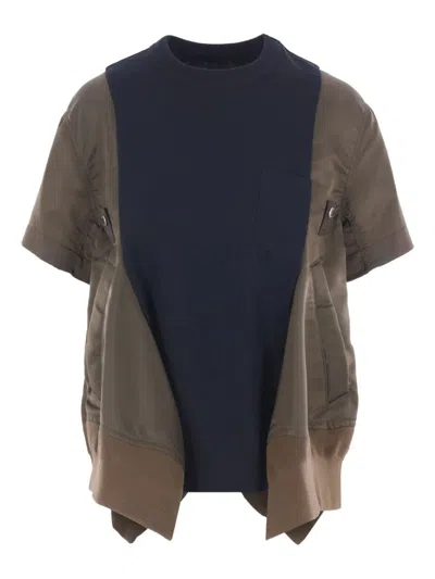Sacai Navy Kaki Cotton And Nylon T-shirt In Black