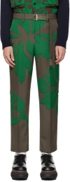 Sacai Leaf-embellished Tapered-leg Woven Trousers In 545 Taupexgreen